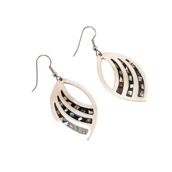 Sterling Silver Abalone Shell Inlay Leaf Shaped Dangle Earrings Abalone Inlay Ea - Picture 2 of 9